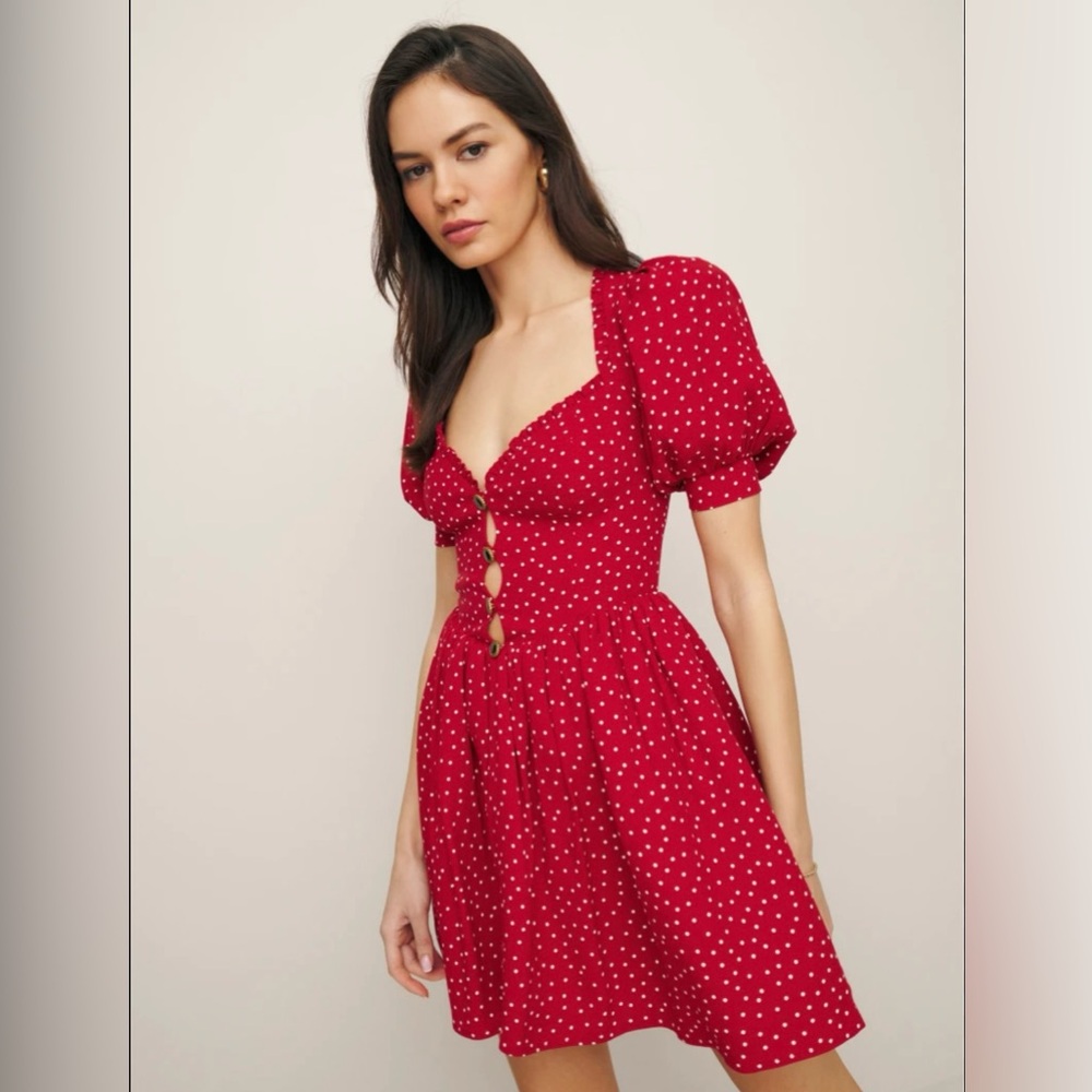 Reformation Nikola - Red Backless Dress with White Dots
